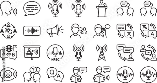 Public speaking and podcasting icon set, 28 linear vector elements for speech and communication, microphone and translation symbols for audio broadcasting