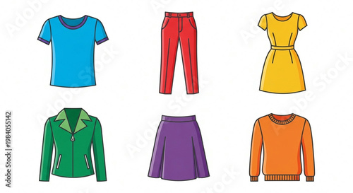 Colorful vector illustration set of clothing items including t-shirts, dresses, jackets, pants and casual fashion wear