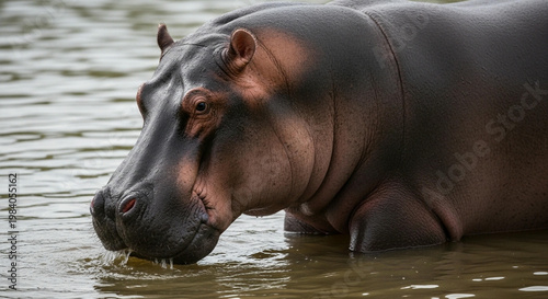 Hippopotamus in a river showing a large wild aquatic animal resting in water with nature and wildlife safari scene