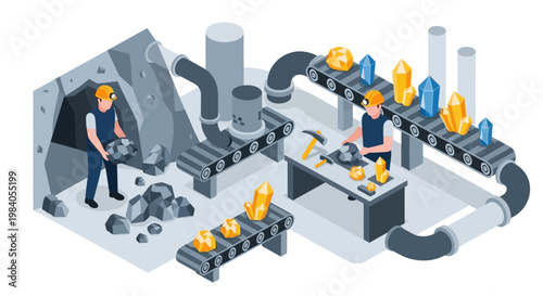 Isometric illustration depicting a mining operation with workers extracting and processing valuable minerals and crystals on conveyor belts.