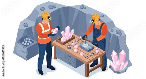 Two miners in a cave carefully examining and processing large pink crystals on a wooden workbench, with mining tools and a cart full of gems nearby.