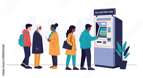 Diverse group of people waits in orderly queue to use ticket machine or ATM in public urban environment during daytime.