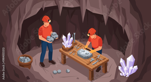 Miners in a cave meticulously extracting and processing valuable crystals and raw ore on a wooden workbench.