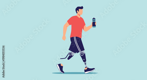 Resilient man with prosthetic leg jogger runs on blue background while holding water bottle for fitness and inclusion.