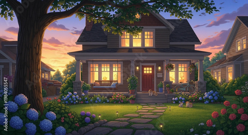 Old ancient house in a quiet European town at night with garden, trees and sky