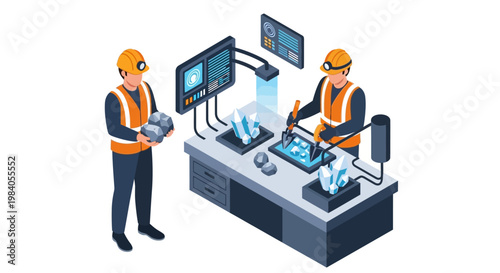 Two miners in hard hats and vests examine mineral samples at a high-tech laboratory workstation with digital displays and equipment.
