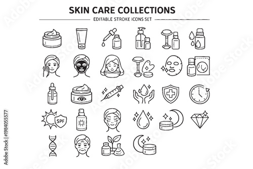 Skin care icons collection, beauty cosmetic line icons set, spa wellness facial treatment skincare routine vector illustration