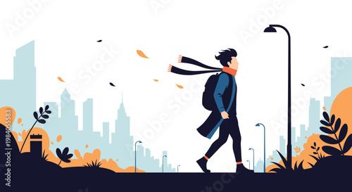 Young man with flowing scarf walks along city street during windy autumn day with falling leaves and cityscape background.