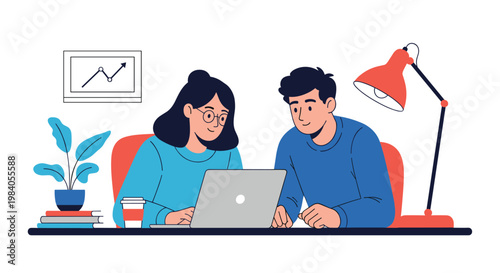 Man and woman collaborate together on laptop computer at office desk with stack of books and chart in background.