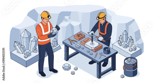 Two miners in a cave setting are examining and processing precious gemstones, with large crystals and tools laid out on a workbench.