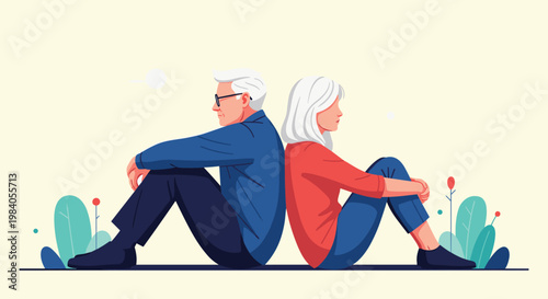 Senior man and woman sit back to back with somber expressions representing relationship distance or retirement reflections.