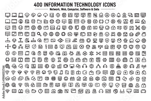 Information technology icons mega set, 400 line icons collection, IT network cloud computing cybersecurity database web mobile UI vector pack
