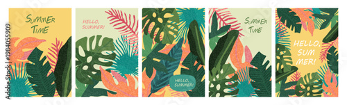 A set of backgrounds featuring tropical leaves. A pattern with exotic jungle plants, suitable for a greeting card, banner, or social media post.