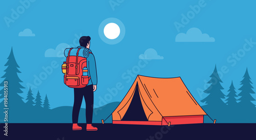 Backpacker stands alone in forest campsite next to orange tent under bright full moon during nighttime wilderness adventure.