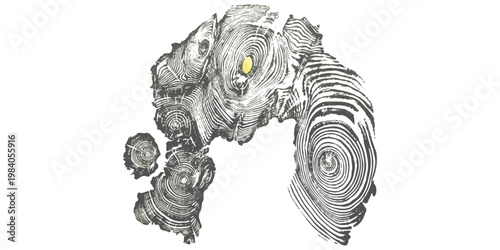 An artistic representation of organic tree ring patterns arranged in a unique abstract composition