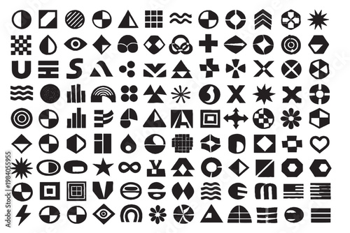 Abstract geometric shapes icon set, modern symbols collection, minimal vector elements, circles triangles lines patterns, editable design toolkit