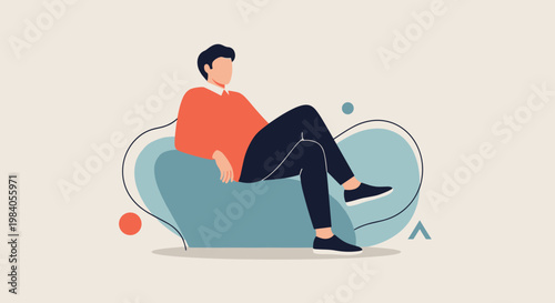 Relaxed man sitting comfortably in a modern blue armchair or beanbag chair against a minimalist background with geometric shapes.