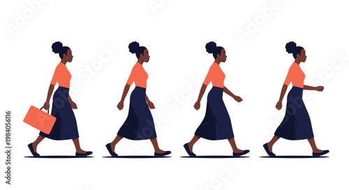 Sequence of four walking animation frames featuring a Black businesswoman in a bright orange top and navy blue skirt with a briefcase.