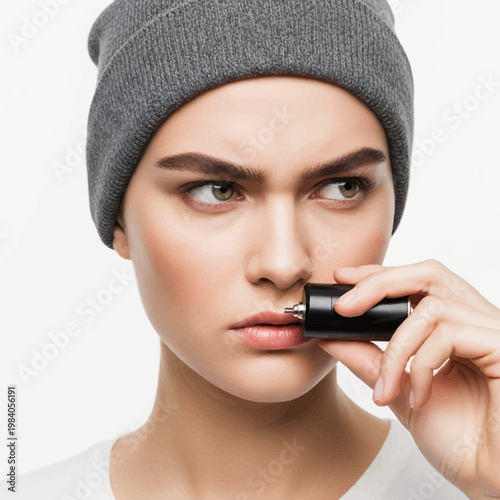 Young woman with a grey beanie hat using a small black nose hair trimmer with a focused and slightly disgusted expression.