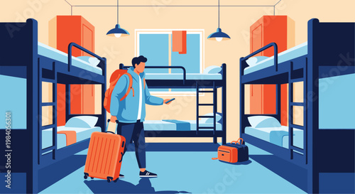 Young traveler with a backpack and suitcase checking his phone in a hostel dormitory room filled with blue bunk beds.