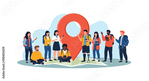 Diverse group of people standing on a giant world map around a large red location pin symbol representing global navigation.