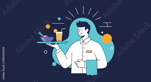 Friendly male waiter in a white shirt and apron holding a serving tray with a bowl of food and a glass of orange juice.