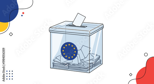 Transparent voting ballot box featuring the European Union flag as a vote is being cast for political elections or referendums.