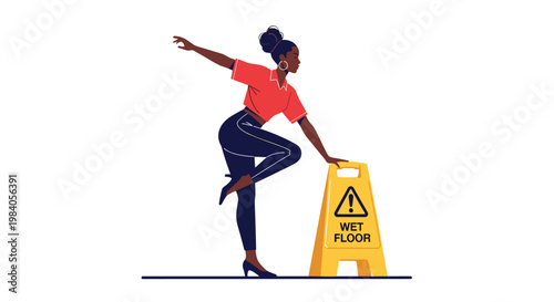 Woman losing her balance and slipping on a wet surface near a yellow caution wet floor warning sign in a public area.