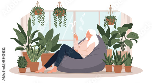 Woman with white hair sitting in a grey bean bag chair smoking a cigarette in a room filled with lush green indoor plants.