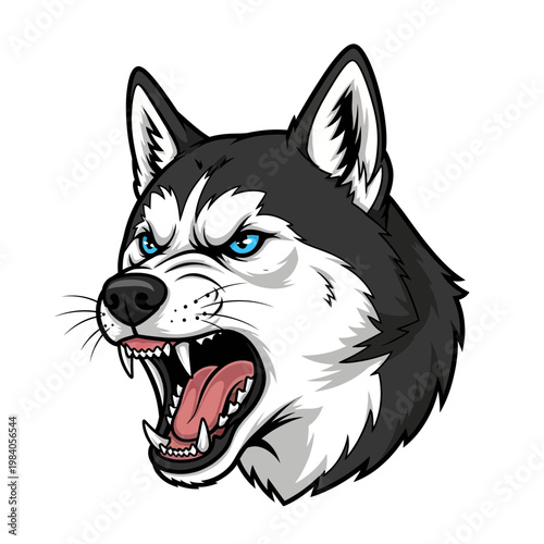 Aggressive husky head illustration with blue eyes and bared teeth, snarling fiercely.