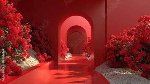 Artistic installation with vibrant red flowers integrated into minimalist architecture creating striking visual contrast
