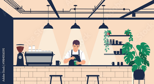 Professional barista preparing a drink behind the counter of a stylish modern coffee shop with hanging lights and indoor plants.