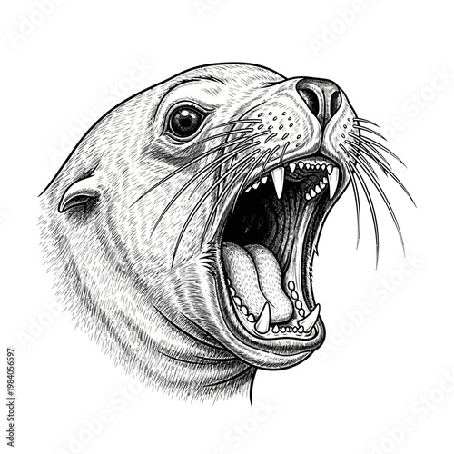 Detailed black and white linework illustration of a sea lion's head with its mouth wide open, showing teeth and tongue.