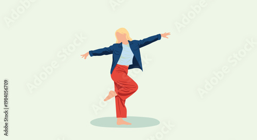 Young woman with blonde hair gracefully dancing or balancing on one leg in a stylish blue jacket and red trousers.