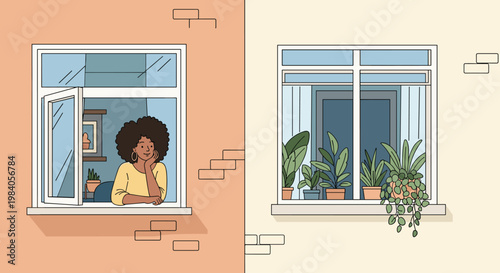 Woman with an afro hairstyle looks out of her apartment window next to another window filled with various lush green houseplants.