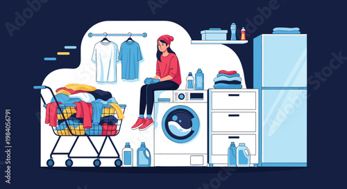 Young woman in a red sweater and beanie sits on a washing machine in a laundry room filled with clean clothes and cleaning supplies.