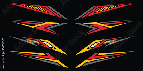 Abstract geometric racing decals for automotive and sports styling. Vector collection of sharp speed graphic stripes and dynamic vinyl sticker concepts for vehicle body kit branding.