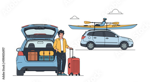 Young man stands by an open car trunk filled with suitcases while another car with a blue kayak on its roof rack is parked nearby.