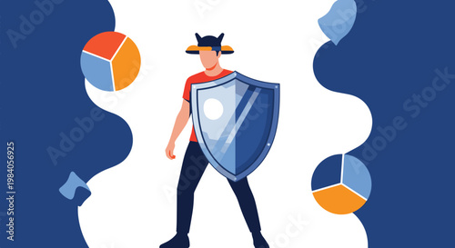 Man wearing a hat holds a large silver shield to protect himself from various data pie charts floating in the air against a blue backdrop.