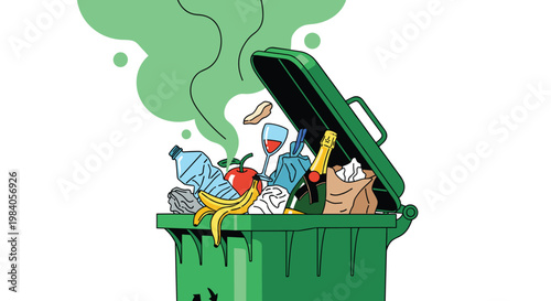 Green industrial trash bin overflows with various types of garbage like bottles and food waste while emitting smelly green toxic fumes.
