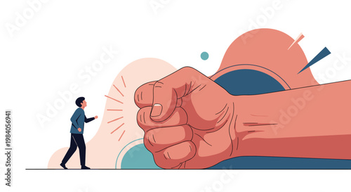 Small figure of a man in a blue shirt runs away from a giant human fist that is crashing down on the ground in a powerful punch.