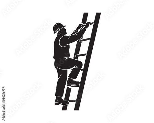 construction worker silhouette, worker climbing ladder vector, ladder climbing silhouette, builder on ladder vector illustration, construction laborer ladder silhouette, industrial worker climbing lad