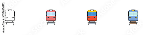 Modern train and subway icon set for public transportation and railway travel. Minimalist collection of metro locomotive and rapid transit carriage symbols. Vector Illustration.