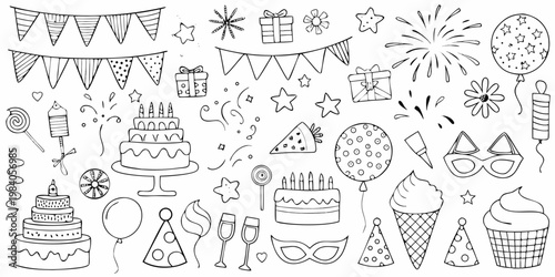 A collection of hand drawn party elements and celebratory decorations