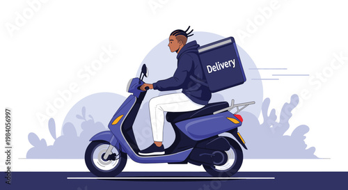 Delivery man on a purple scooter carries a large dark blue thermal box while driving along the road to deliver food to a customer.