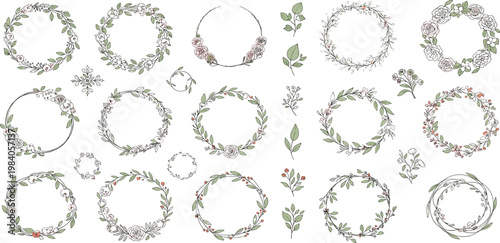 Collection of hand drawn floral wreaths and circular frames with delicate leaves and roses in vintage style for wedding invitations and elegant greeting cards vector illustration.