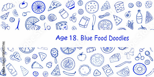 Blue doodle illustration featuring various foods and sweet treats