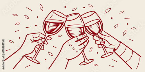 A celebratory toast with wine glasses and hands in a simple illustration