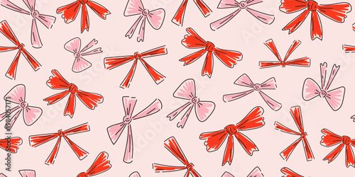 A pattern with red and pink bows. Hand-drawn illustration of decorative ribbons for gift wrapping. A backdrop for celebrations and greeting cards.