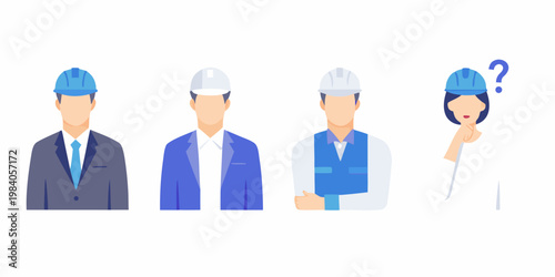 Four stylized worker avatars business medical construction and questioning